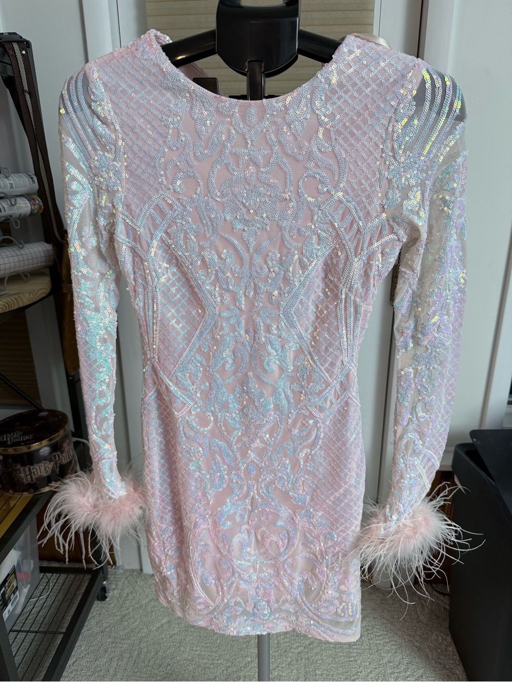 Blondie Nites Iridescent Pink Sequin Mini Dress sz 7 sheer feather cuff sleeves - Picture 1 of 16